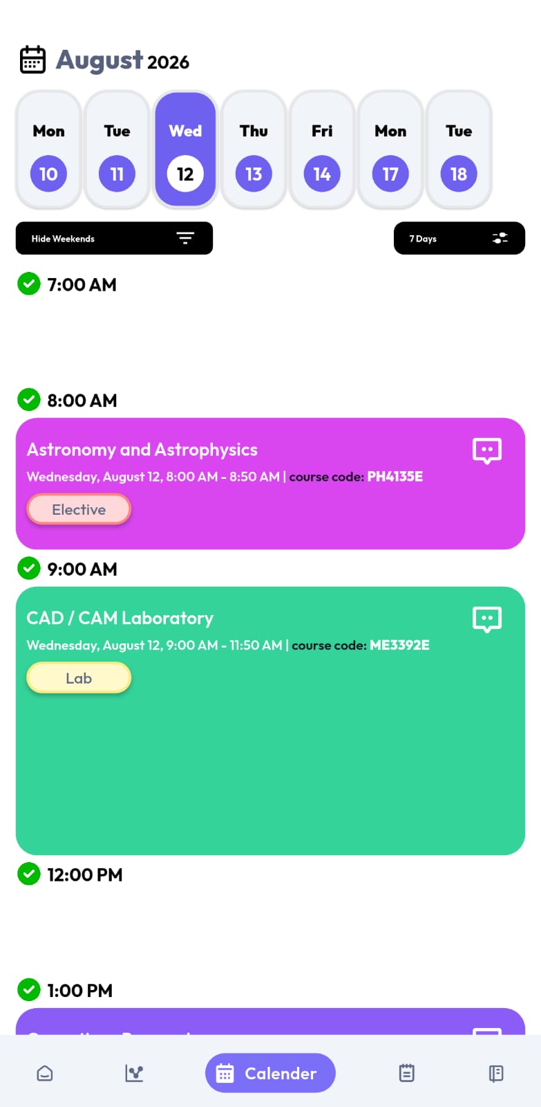 Attendrix Calendar screen showing dates, class timeline, course codes and course types