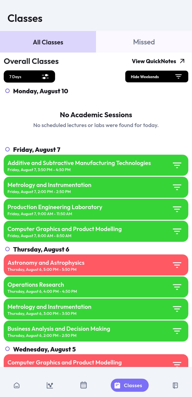 Attendrix Classes screen showing historical and upcoming class sessions