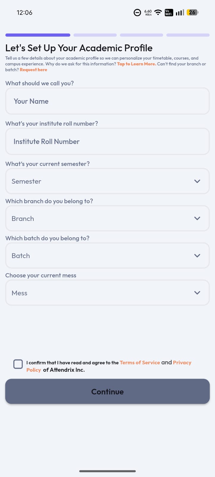 Attendrix academic profile setup screen