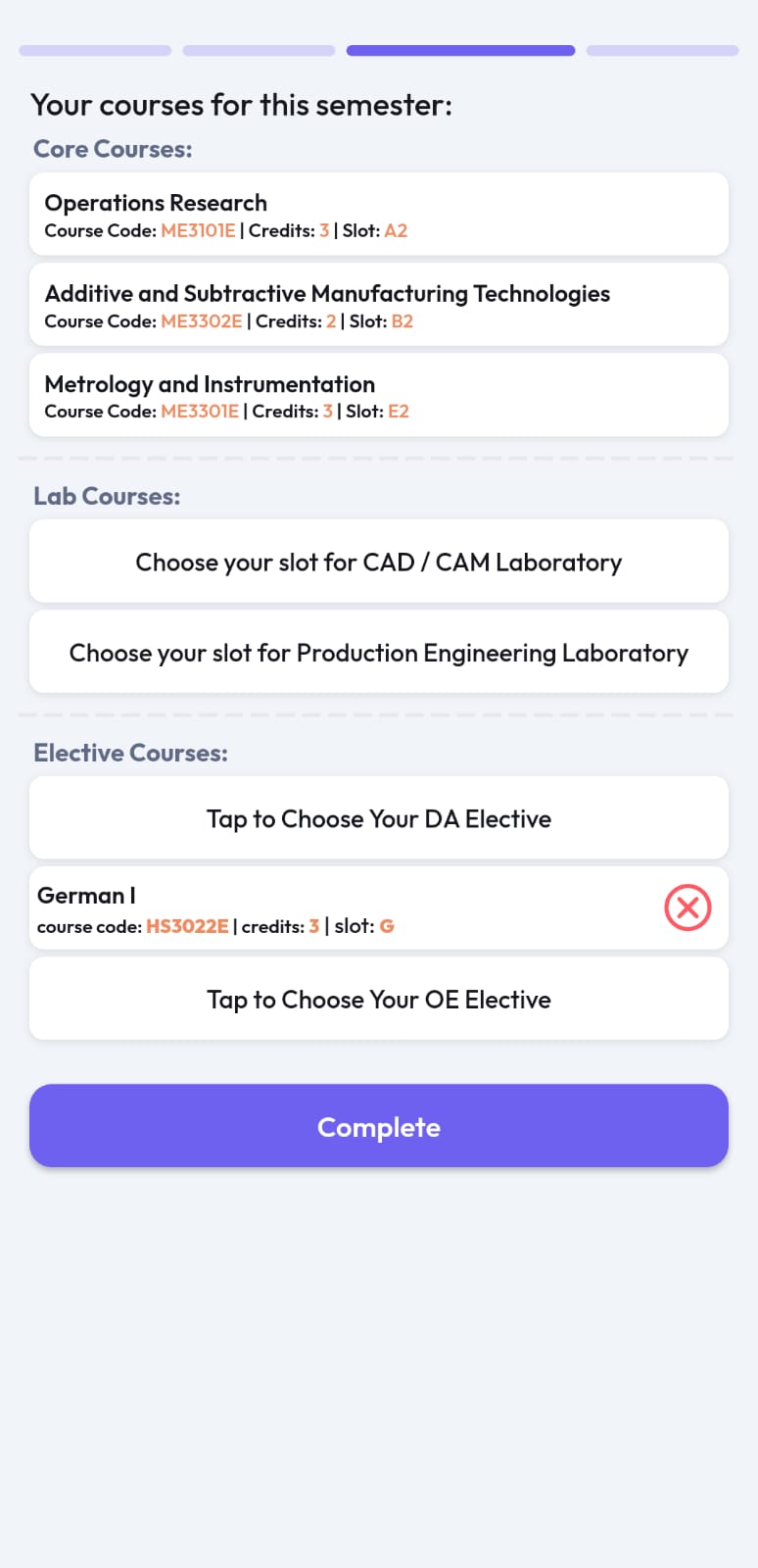 Attendrix course selection screen