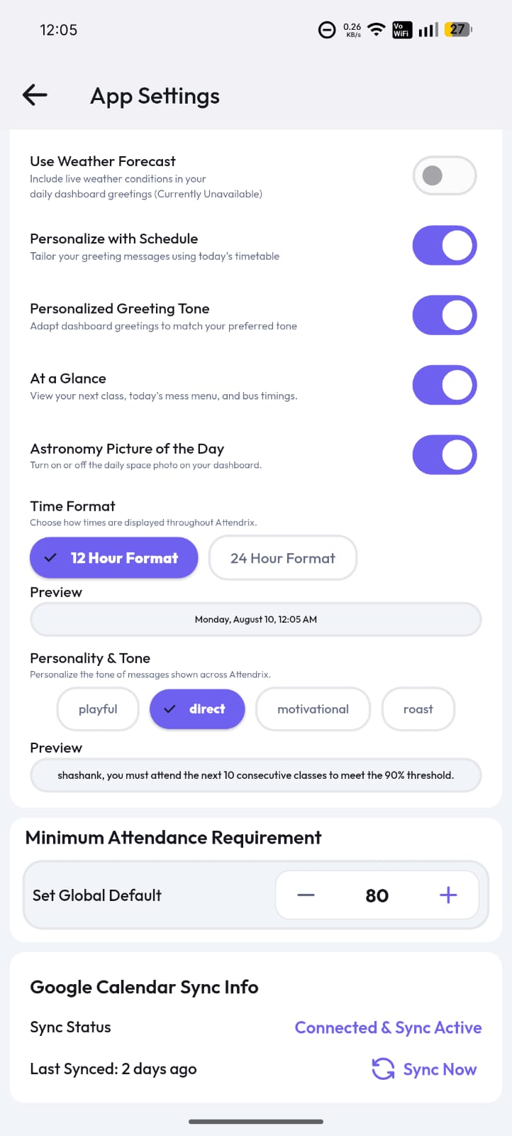 Attendrix App Settings screen showing personalization, time format, attendance requirement and Google Calendar sync